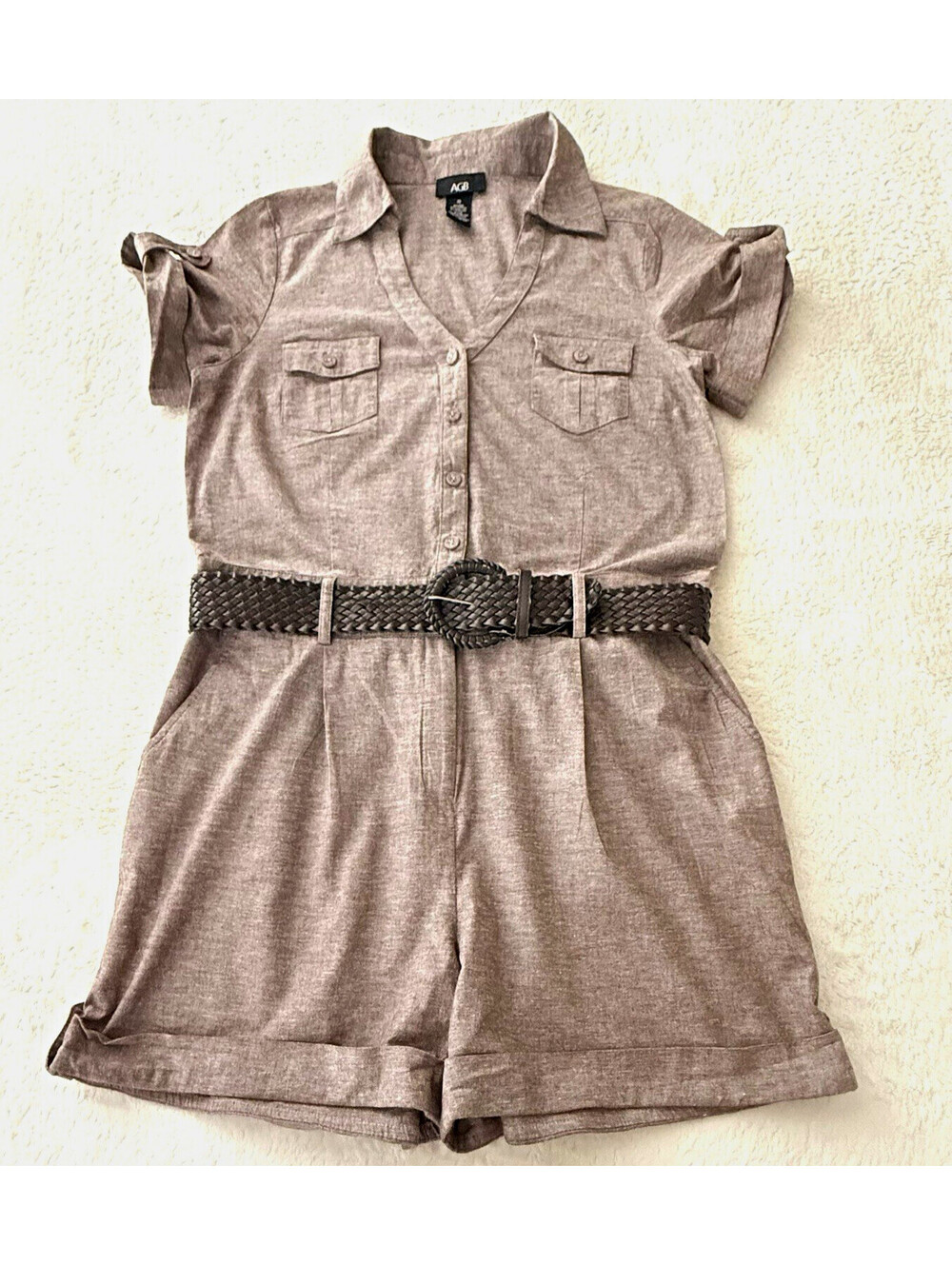 AGB Womens Size 10 Taupe Belted Romper Cotton Stretch Short Sleeve Safari Pocket